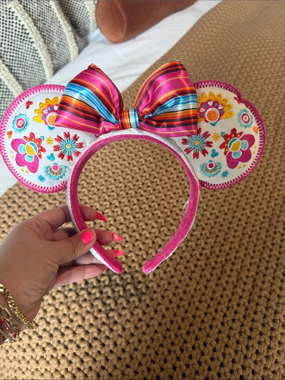 Embroidered Floral Minnie Mouse Ears Headband with Striped Bow - Pink